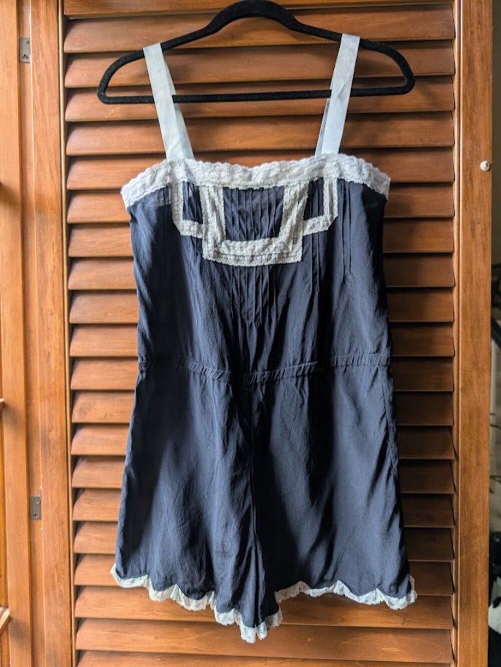 Vtg Candeia 100% Silk Navy One Piece Square Neck Lace Trim Romper Lingerie Sz: S